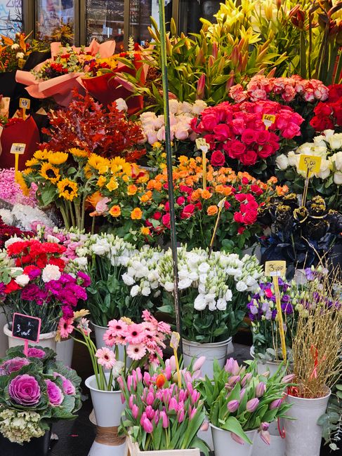 A vibrant display of freshly cut flowers arranged in various pots and containers inside a flower shop. The scene includes pink tulips with closed buds, white chrysanthemums, bright yellow sunflowers, 